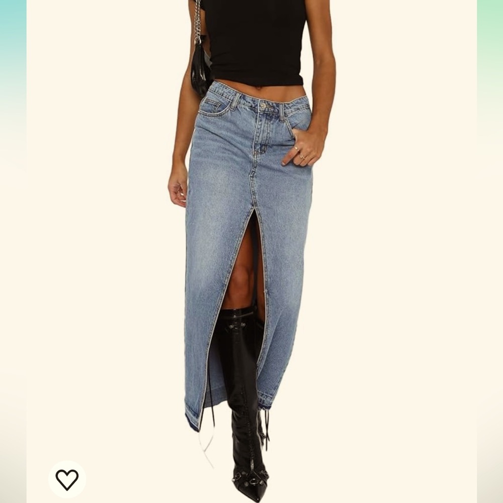 High Waisted Drop Hem Front Slit Maxi Denim Skirt!